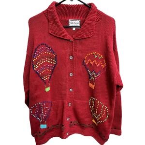 Vintage 90s Hot Air Balloon Cardigan Sweater XL Red Novelty Teacher Hand Knit